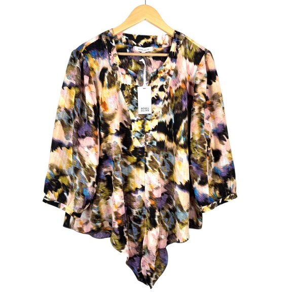 Rose+Olive abstract artsy bohemian blouse front tie sz 2X - Picture 1 of 9